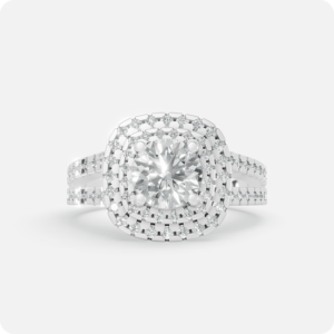 Cushion-Cut Regal Halo Three-Stone Ring