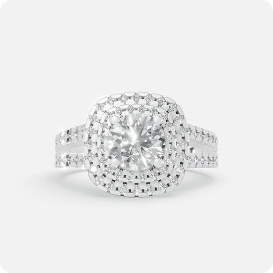 Cushion-Cut Regal Halo Three-Stone Ring
