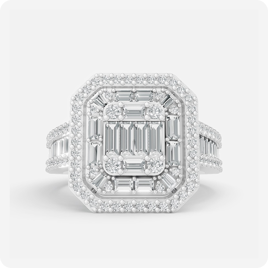 Emerald Step-Cut Baguette Double-Halo Diamond Ring - Image 2