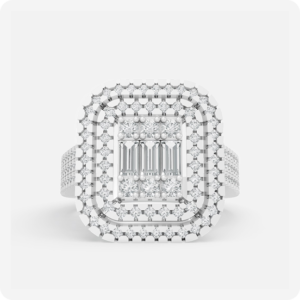 Grand Triple Halo Baguette Cluster Diamond Ring- Silver