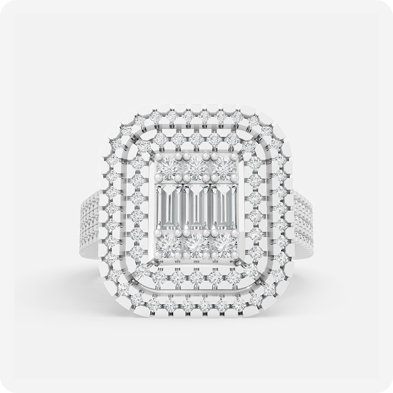 Grand Triple Halo Baguette Cluster Diamond Ring- Silver