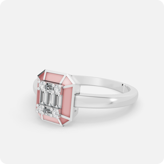 Pink Enamel Emerald-Frame Baguette Diamond Ring - Image 2