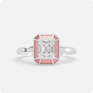 Pink Enamel Emerald-Frame Baguette Diamond Ring