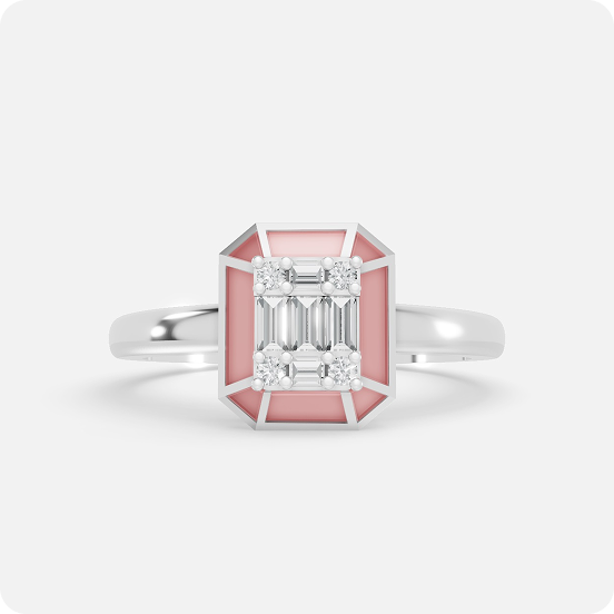 Pink Enamel Emerald-Frame Baguette Diamond Ring