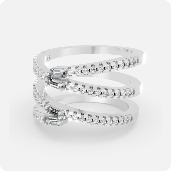 Triple Spiral Baguette & Round Diamond Ring