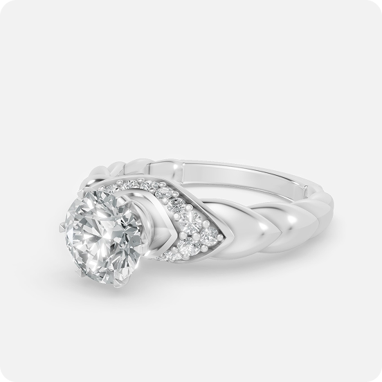 Twisted Band Solitaire Diamond Ring with Leaf Accent
